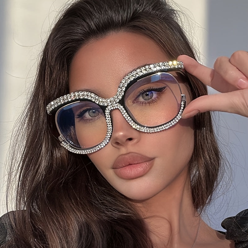 Women's Owl-Shaped Crystal Embellished Blue Light Blocking Glasses Non-Prescription Fashionable Rimless Spectacles with Portable Case