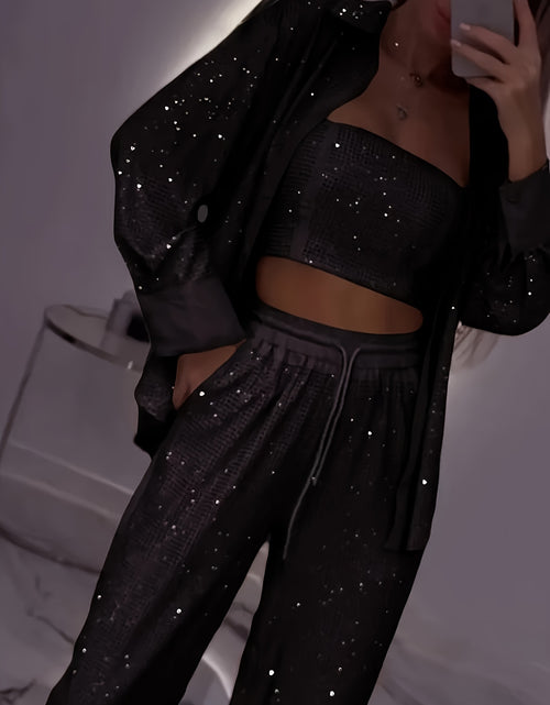 Load image into Gallery viewer, Women Elegant Three-Piece Set - Long Sleeve Loose Fit Jacket, Bustier &amp; Wide-Leg Pants, Elastic Fabric, Button Front Closure Top
