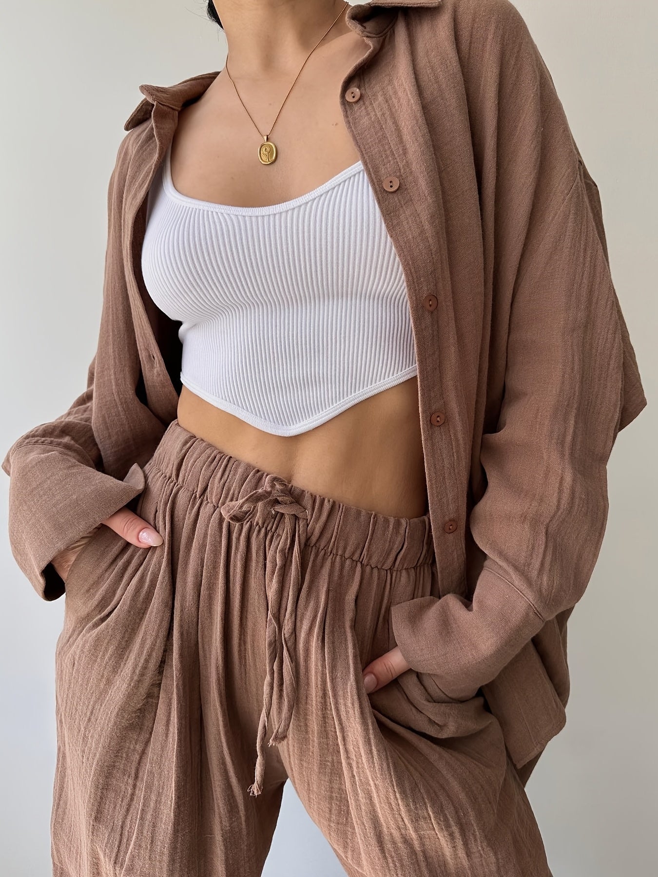 Two-piece Women's Simple Niche Lapel Long-sleeved Shirt High-Waisted Pants Fashion Suit