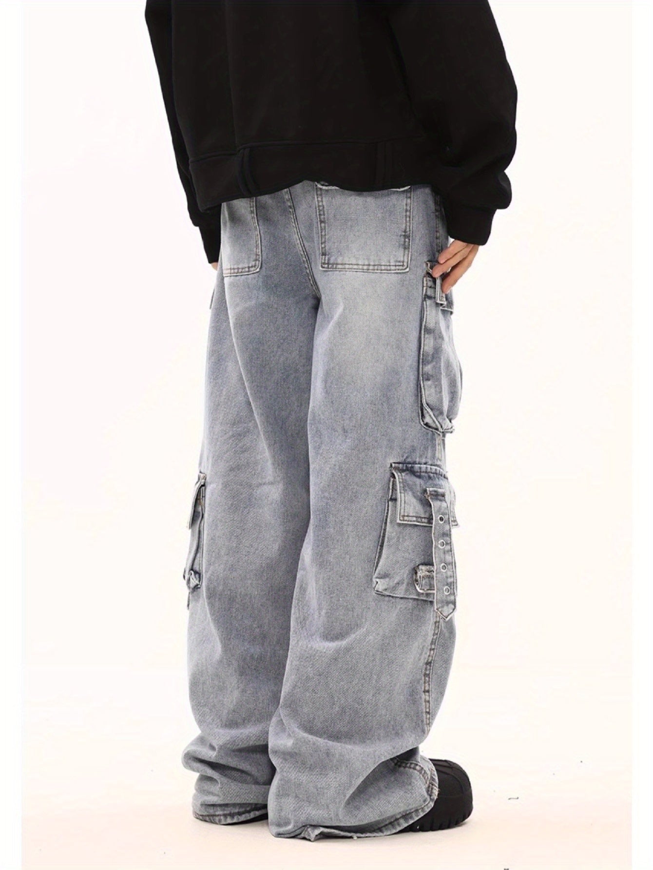 Men Stretchy Fabric Loose-Fit Straight-Leg  Jeans | Multi-Pocket Streetwear Pants with Elastic Waistband, All-Season Versatile Design  Solid Color, Casual Wear Jeans | Street Style Jeans