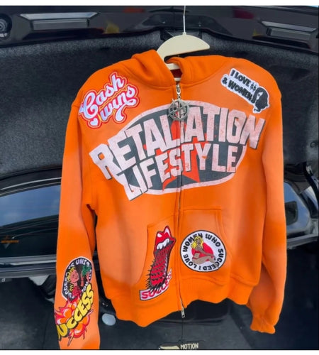 Urban Streetwear Hooded Zipper Hoodie - Vibrant Orange with Black & Red Japanese Anime Manga Graphic Print, Casual Pullover Sweatshirt  Machine Washable