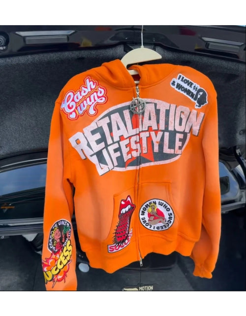 Load image into Gallery viewer, Urban Streetwear Hooded Zipper Hoodie - Vibrant Orange with Black &amp; Red Japanese Anime Manga Graphic Print, Casual Pullover Sweatshirt  Machine Washable
