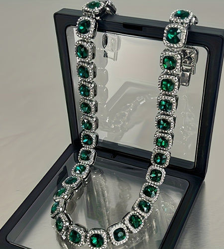 Green Rhinestone Choker, Men Hip-Hop Style Cuban Link Necklace, Durable Zinc Alloy with Iron Pendant, Trendy Unisex Accessory, Stylish Statement Jewelry