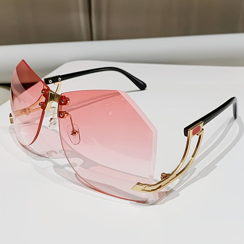 Frameless Oversized Fashion Glasses for Women - Gradient Pink to Clear Lenses, Hollow-Out Temple Arms, Protection & Anti-Glare Coating, Luxury Fashion Accessories