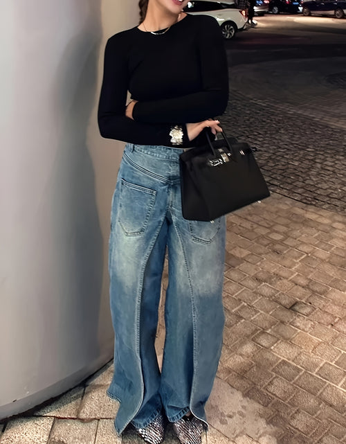 Load image into Gallery viewer, Women&#39;s 2-in-1 High Waist Vintage Washed Denim Jeans Magic Mia Barrel Jeans Baggy Urban Explorer Pants Faux Two-Layer Overlay Side Zipper Street Style
