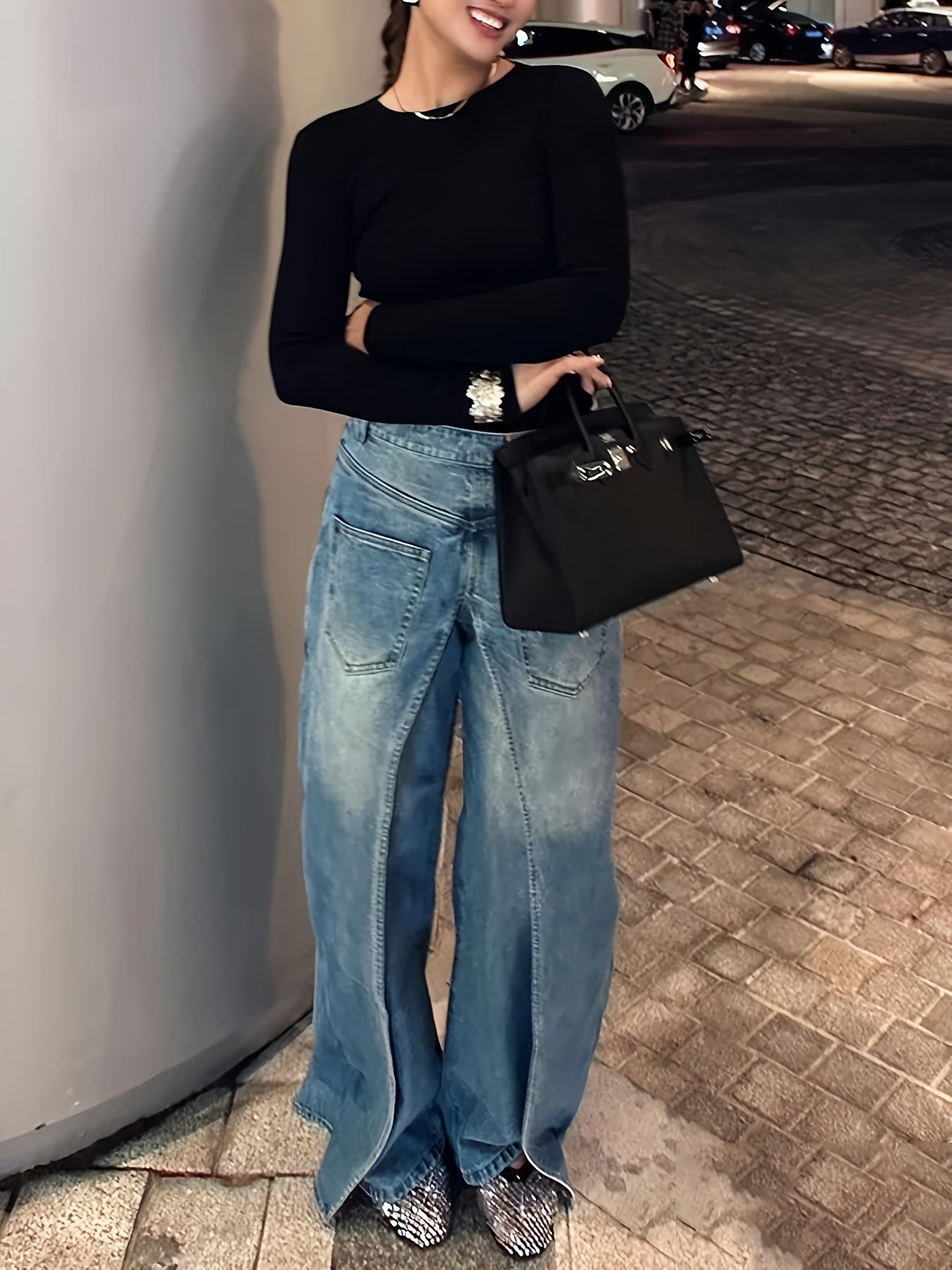 Women's 2-in-1 High Waist Vintage Washed Denim Jeans Magic Mia Barrel Jeans Baggy Urban Explorer Pants Faux Two-Layer Overlay Side Zipper Street Style