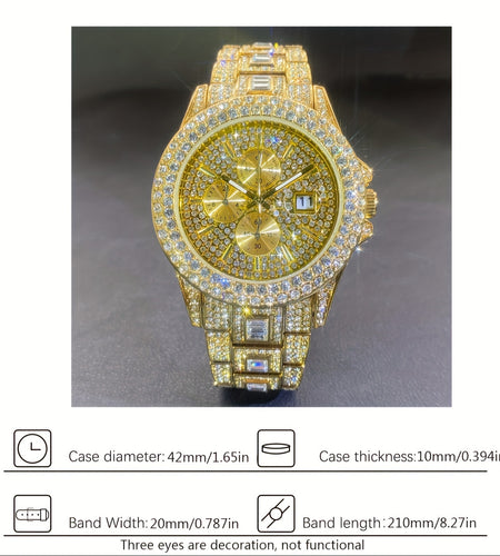 New Luxury Men Bedazzle Watch Automatic Date Fashion Waterproof Quartz Watch Men Hip Hop Iced Water Rhinestone