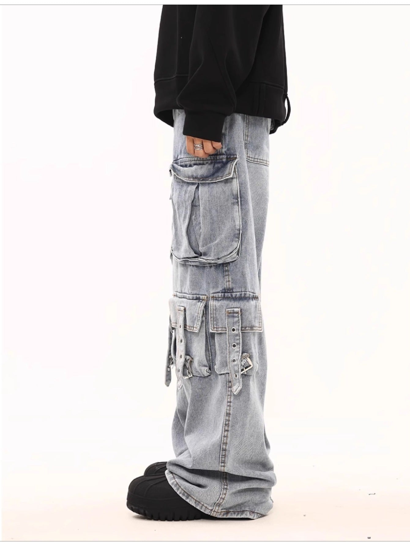Men Stretchy Fabric Loose-Fit Straight-Leg  Jeans | Multi-Pocket Streetwear Pants with Elastic Waistband, All-Season Versatile Design  Solid Color, Casual Wear Jeans | Street Style Jeans