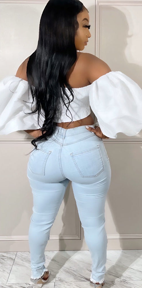 Women's Jeans - 2025 New Slim Sexy Light Blue Washed Steel Ring Lace-up Tight Ankle Jeans