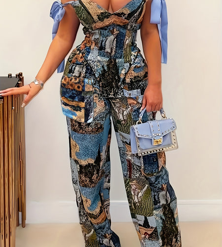 Two-Piece Set- Blue Printed Off-Shoulder Sleeveless Top with Cross Straps and Long Pants