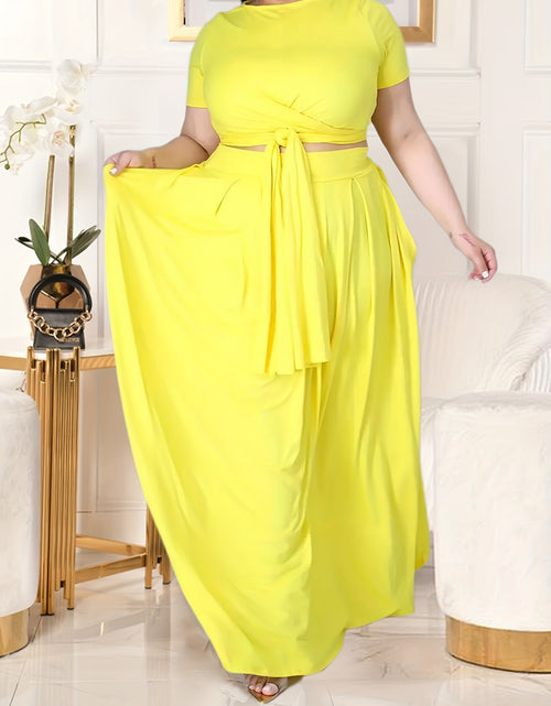 Load image into Gallery viewer, Plus Size Women&#39;s Solid Color Cross Tie Maxi Skirt Set, Casual Polyester Knit Dress with Short Sleeves, Round Neck, Pullover, Elastic Fabric, Fashionable Two-Piece Outfit
