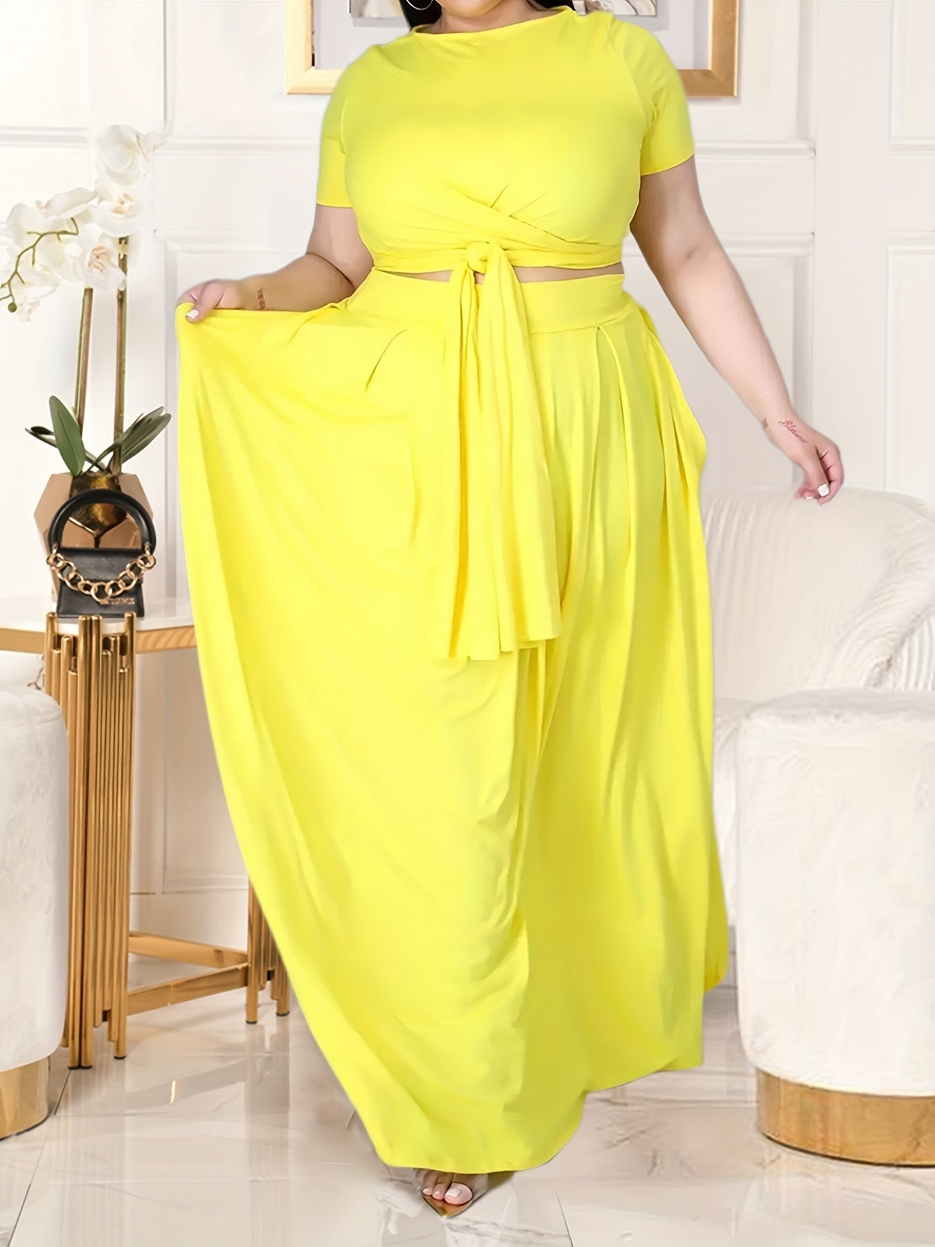 Plus Size Women's Solid Color Cross Tie Maxi Skirt Set, Casual Polyester Knit Dress with Short Sleeves, Round Neck, Pullover, Elastic Fabric, Fashionable Two-Piece Outfit