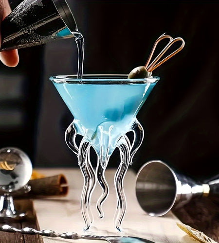 Octopus-Inspired Glass Cocktail Cup with 8-Arm Design - Reusable Hand Wash Only Martini Glass for Seafood-Themed Parties, Barware & Home Entertaining - Durable Recyclable Glass
