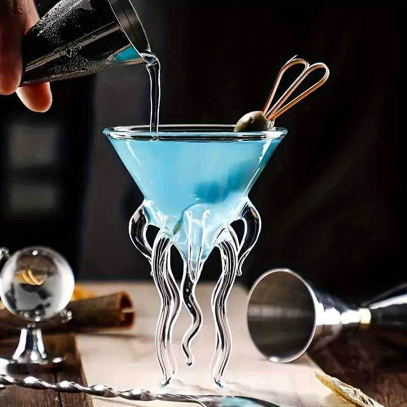 Octopus-Inspired Glass Cocktail Cup with 8-Arm Design - Reusable Hand Wash Only Martini Glass for Seafood-Themed Parties, Barware & Home Entertaining - Durable Recyclable Glass