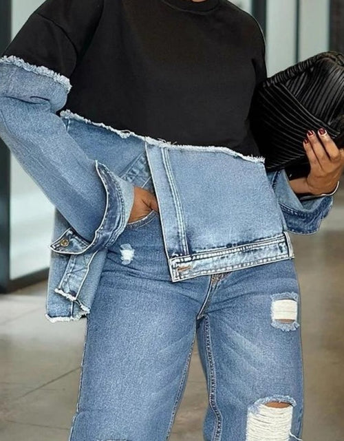 Load image into Gallery viewer, Women's Oversized Denim Patchwork Jacket-like Top - Casual Long Sleeve Crew Neck Blazer with Asymmetrical Collar, Fringe-Free Patchwork Design (No Chest Padding), All-Season Versatile Wear, Hand Washable Jeans-Inspired Blouse
