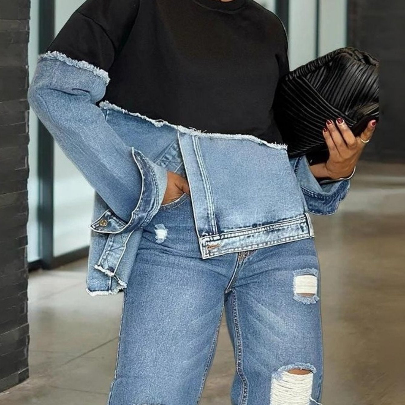 Women's Oversized Denim Patchwork Jacket-like Top - Casual Long Sleeve Crew Neck Blazer with Asymmetrical Collar, Fringe-Free Patchwork Design (No Chest Padding), All-Season Versatile Wear, Hand Washable Jeans-Inspired Blouse