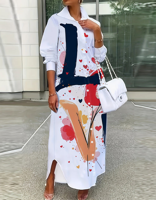 Load image into Gallery viewer, Women Lightweight A-Line Lapel Collar Shirt Dress - Retro Short Sleeve Spring Summer Dress with Colorful Heart &amp; Letter Print, Machine Washable
