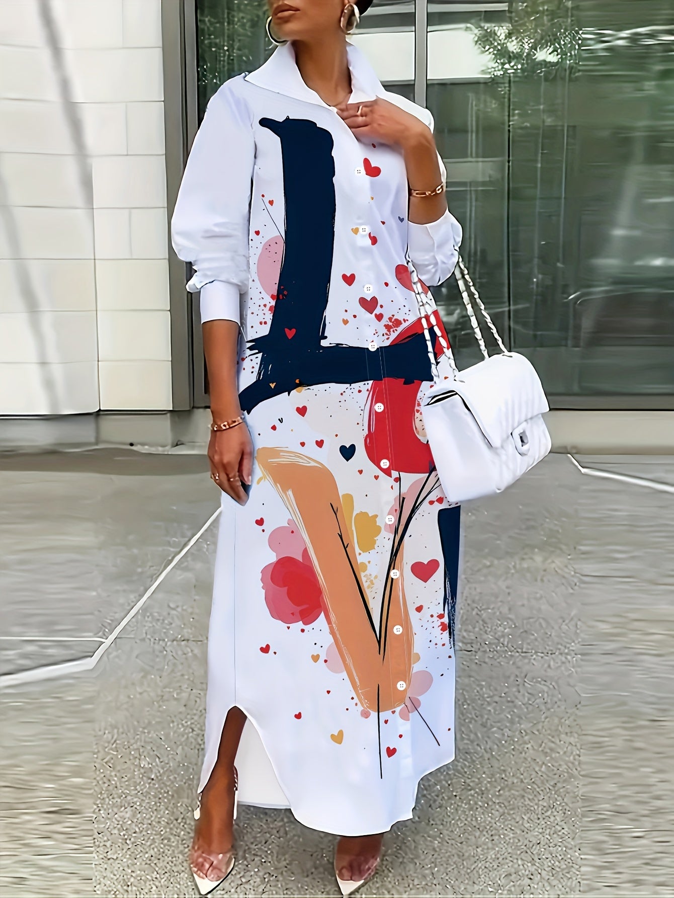 Women Lightweight A-Line Lapel Collar Shirt Dress - Retro Short Sleeve Spring Summer Dress with Colorful Heart & Letter Print, Machine Washable