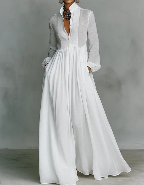 Load image into Gallery viewer, 2026 New Style Waist-Cinching and Long-Sleeved Pleated Long Vacation Dress | French-Style White Midi Dress with V-Neck, Solid Color, Regular Fit
