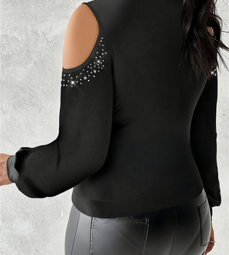 Plus Size - Plus Size - Plus Size Rhinestone Cowl Neck Lantern Sleeve Blouse - Casual Cold Shoulder Top with Mesh Lining, Stretchy & Breathable Fabric