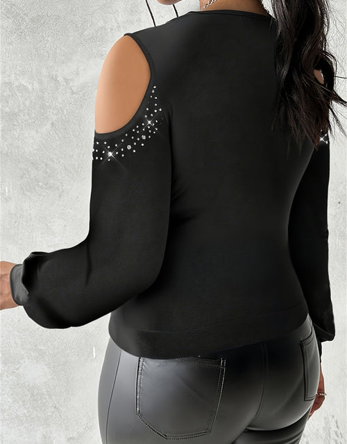 Load image into Gallery viewer, Plus Size - Plus Size - Plus Size Rhinestone Cowl Neck Lantern Sleeve Blouse - Casual Cold Shoulder Top with Mesh Lining, Stretchy &amp; Breathable Fabric
