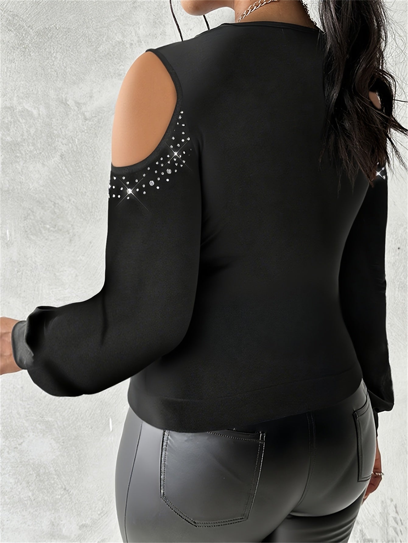 Plus Size - Plus Size - Plus Size Rhinestone Cowl Neck Lantern Sleeve Blouse - Casual Cold Shoulder Top with Mesh Lining, Stretchy & Breathable Fabric