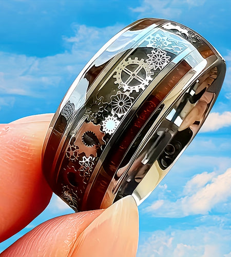 10mm Titanium 304 Stainless Steel Steel  Punk Style Inlay Machine Gear Design Dome Polishing Ring,