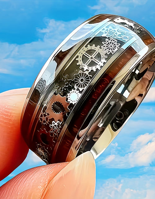 Load image into Gallery viewer, 10mm Titanium 304 Stainless Steel Steel  Punk Style Inlay Machine Gear Design Dome Polishing Ring,
