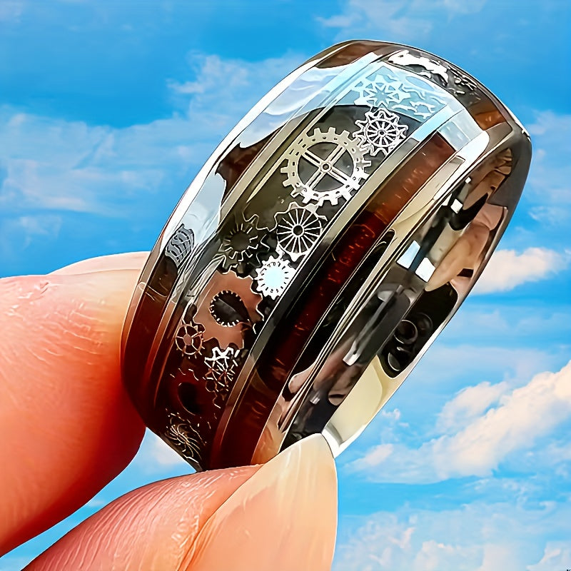 10mm Titanium 304 Stainless Steel Steel  Punk Style Inlay Machine Gear Design Dome Polishing Ring,