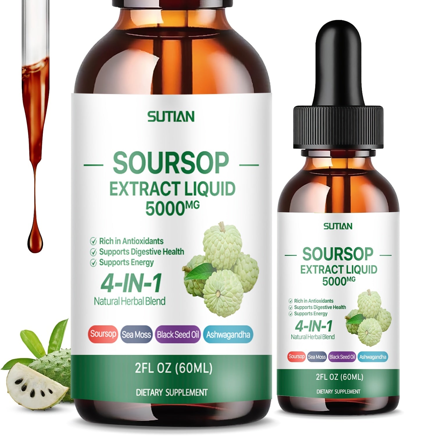 Natural Soursop Bitters Liquid Drops - Sugar-Free, Herbal Multivitamin Supplement with Soursop Oil - 2 Fl Oz, Promotes Overall Wellness and Immune System Support