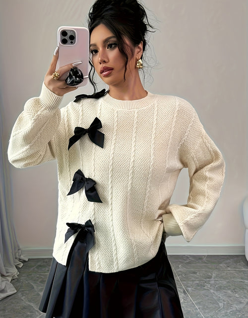 Load image into Gallery viewer, Women High-end Elegant Gentle Style Round Neck Bow Versatile Pullover Sweater
