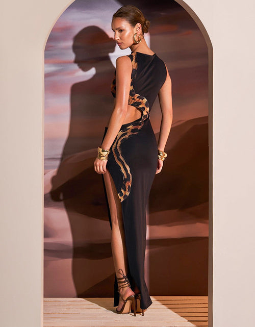 Load image into Gallery viewer, Chic Fashion] Stylish Sleeveless Maxi Dress with Golden Snake Motif, Side Slit &amp; Cut-Out Details – Sexy Solid Color Black Polyester Dress for Women, Perfect for Spring/Summer Fashion, Chic Outfit | Glamorous Attire | Elegan
