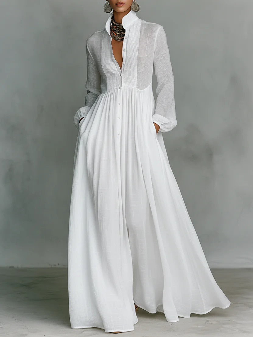 2026 New Style Waist-Cinching and Long-Sleeved Pleated Long Vacation Dress | French-Style White Midi Dress with V-Neck, Solid Color, Regular Fit