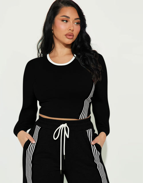 Load image into Gallery viewer, 2pcs Women Casual Long Sleeved Top And Side Striped Style Drawstring Pocket Pants Set For Autumn And Winter
