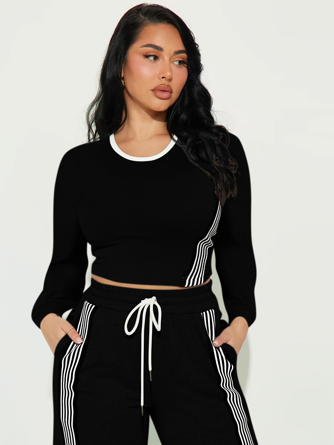 2pcs Women Casual Long Sleeved Top And Side Striped Style Drawstring Pocket Pants Set For Autumn And Winter