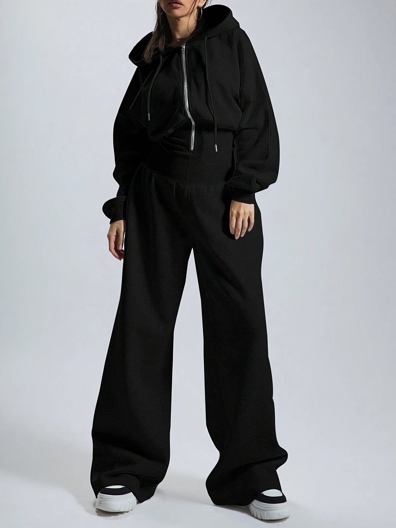 Women's Casual Solid Color Hooded Zipper Jumpsuit - Long Sleeve Elastic Waist Pantsuit, Machine Washable Spring & Autumn Outfit for Casual Attire, Comfortable Leisurewear, Durable Leisurewear
