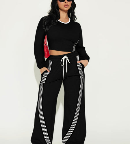 2pcs Women Casual Long Sleeved Top And Side Striped Style Drawstring Pocket Pants Set For Autumn And Winter