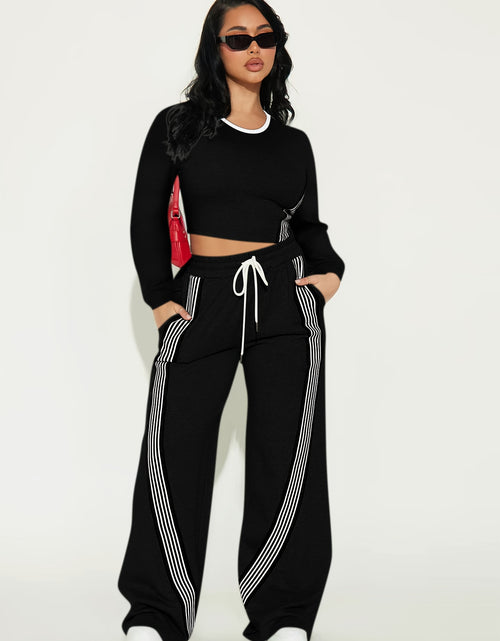 Load image into Gallery viewer, 2pcs Women Casual Long Sleeved Top And Side Striped Style Drawstring Pocket Pants Set For Autumn And Winter
