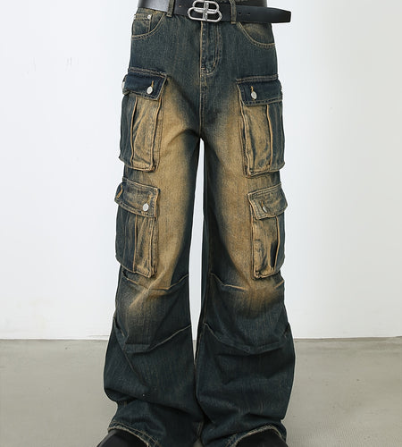 Men's Vintage Workwear Wide Leg Jeans - Multi-Pocket Cargo Pants with Belt Loops, Heavy-Duty Washed, Straight-Leg Loose Fit for Streetwear,  Machine Washable)