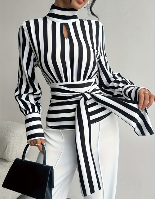 Load image into Gallery viewer, Women Elegant Striped High Neck Lace-Up Blouse with Back Zipper &amp; Adjustable Waist Tie - Black/White/Gray Horizontal Stripes Shirt Jacket-like Top  (Machine Washable)
