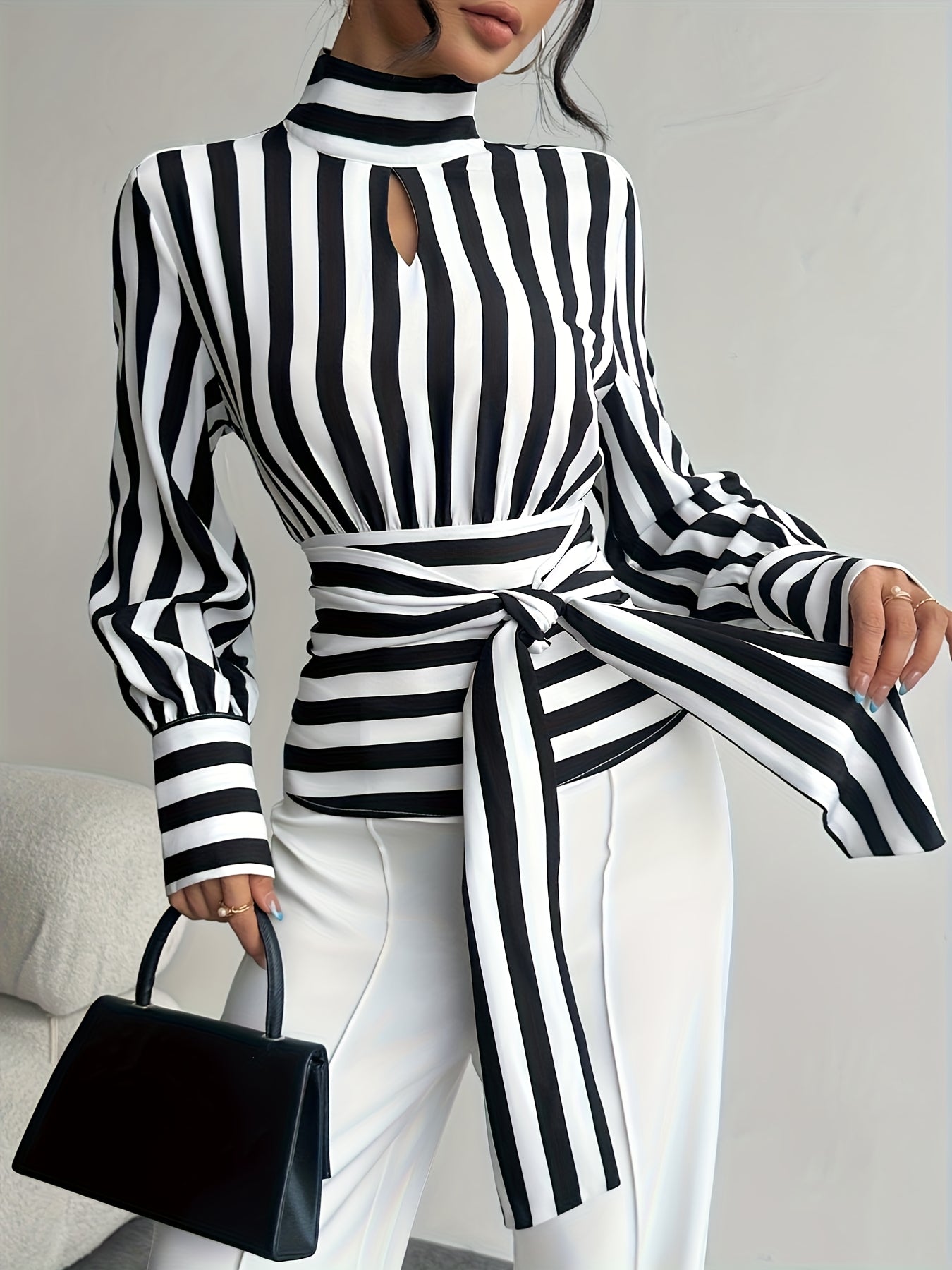 Women Elegant Striped High Neck Lace-Up Blouse with Back Zipper & Adjustable Waist Tie - Black/White/Gray Horizontal Stripes Shirt Jacket-like Top  (Machine Washable)