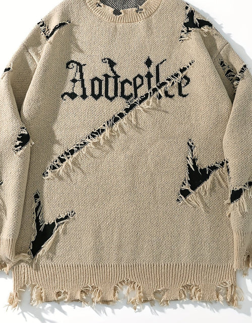 Load image into Gallery viewer, Men&#39;s  Long Sleeve Pullover Sweater - Relaxed Fit Drop Shoulder, Distressed Letter Embroidery &amp; Ripped Details, Medium Elasticity Fabric
