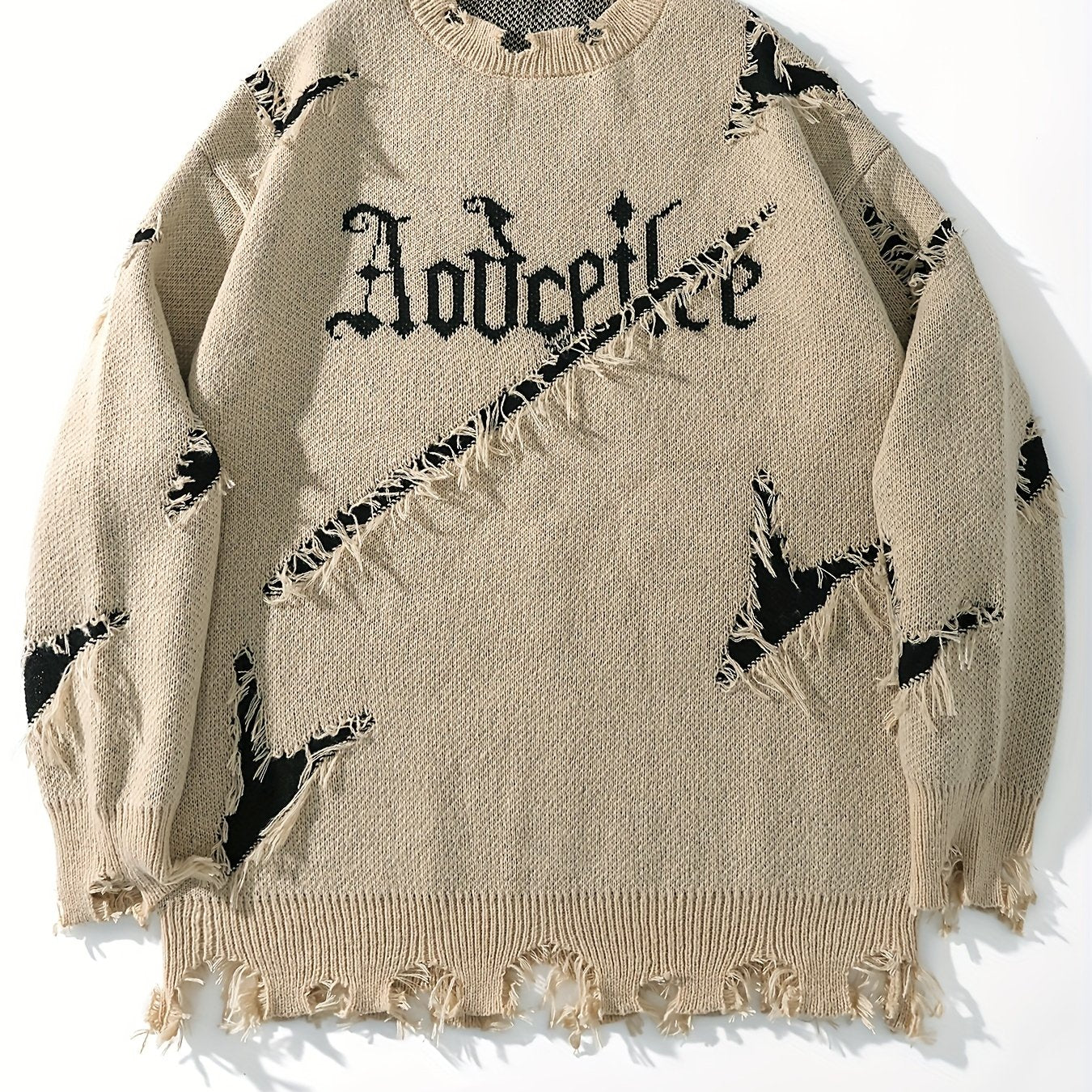 Men's  Long Sleeve Pullover Sweater - Relaxed Fit Drop Shoulder, Distressed Letter Embroidery & Ripped Details, Medium Elasticity Fabric