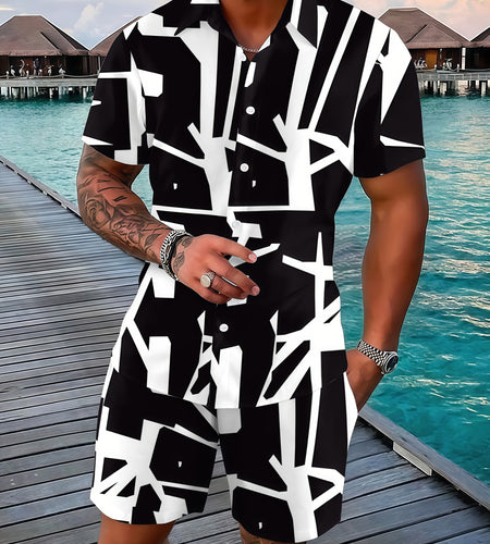 Fashionable And Comfortable Men Beach Vacation Printed Short-sleeved Short Pants Set