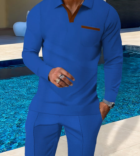 Breathable Lightweight Polyester Knit Set - Men's Casual Long Sleeve Lapel Collar Pullovers with Pockets, Slight Stretch, Regular Fit for Spring - Includes Belt, 100% Polyester