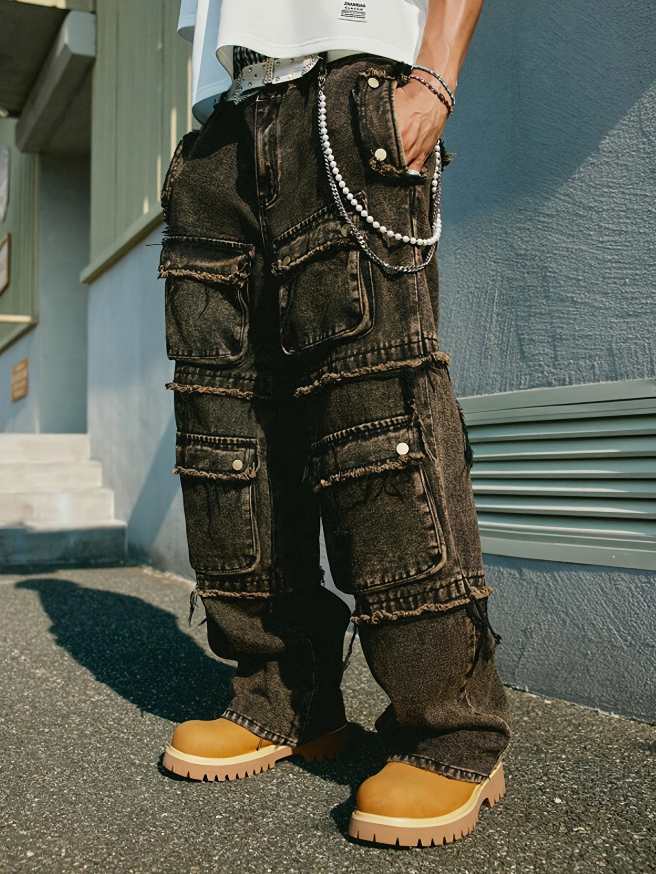 Men Relaxed Fit Straight Jeans, Multi-Pocket Cargo Trousers, Summer Style, Urban Hip-Hop Fashion, Suitable for All Seasons