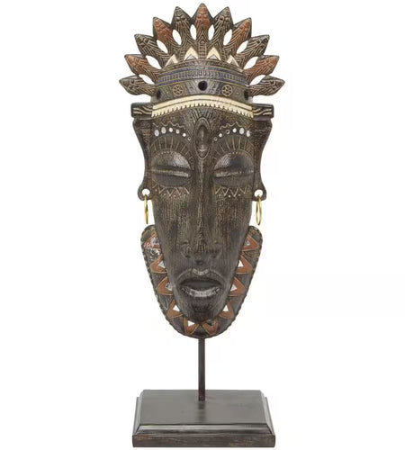 6 In. X 22 In. Brown Polystone Primitive African Mask Sculpture