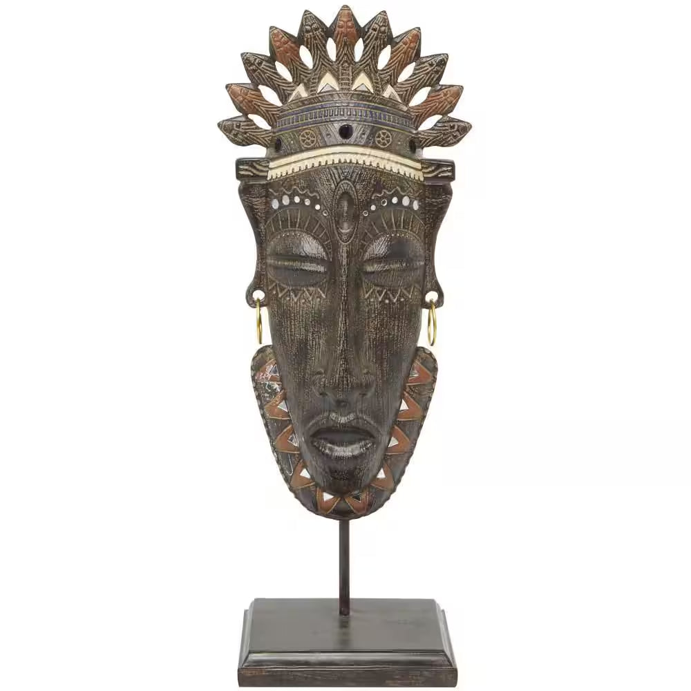 6 In. X 22 In. Brown Polystone Primitive African Mask Sculpture