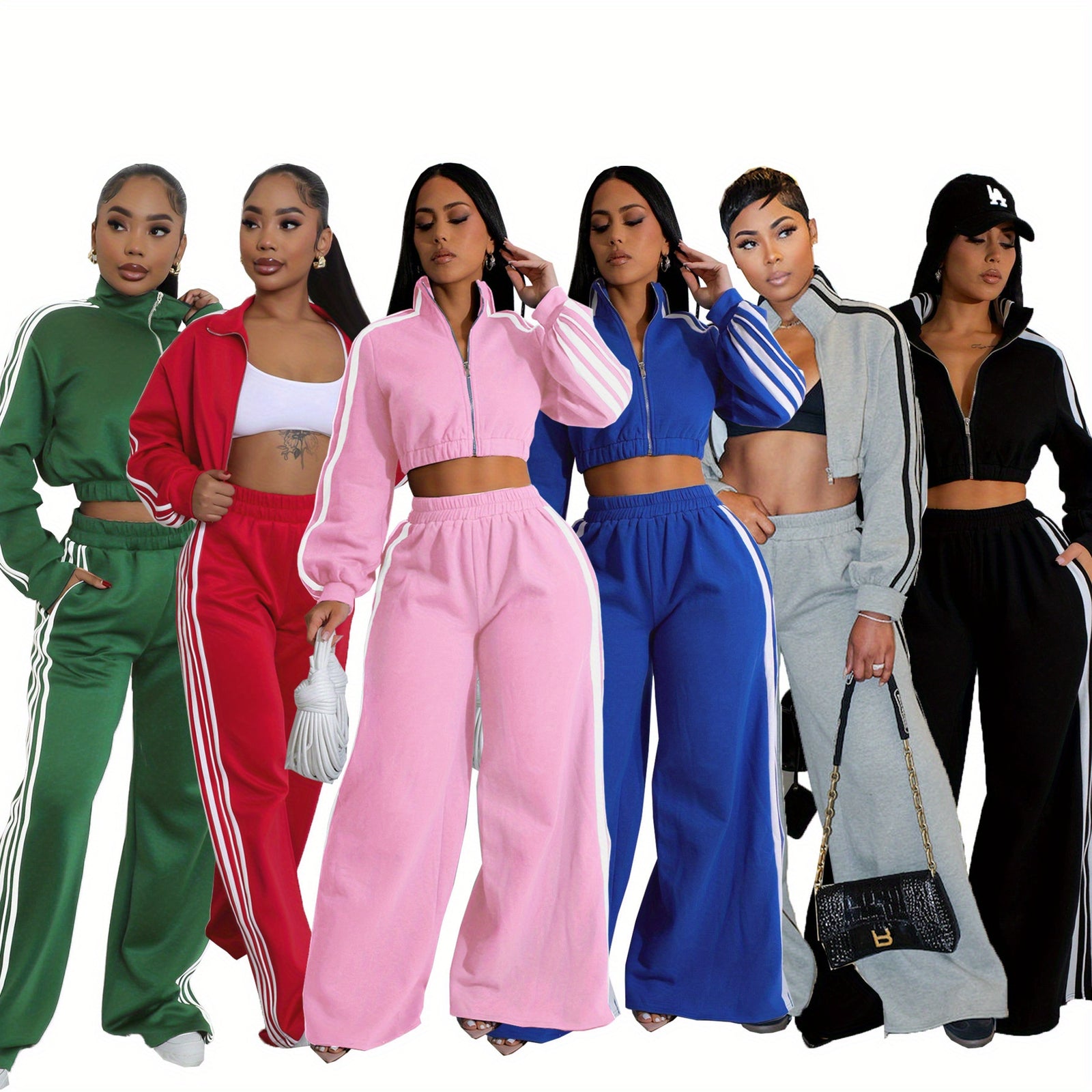 Autumn striped long-sleeved two-piece set - contrasting color zipper thickened sweatshirt casual solid color striped side trim, elastic short top, comfortable straight-leg pants