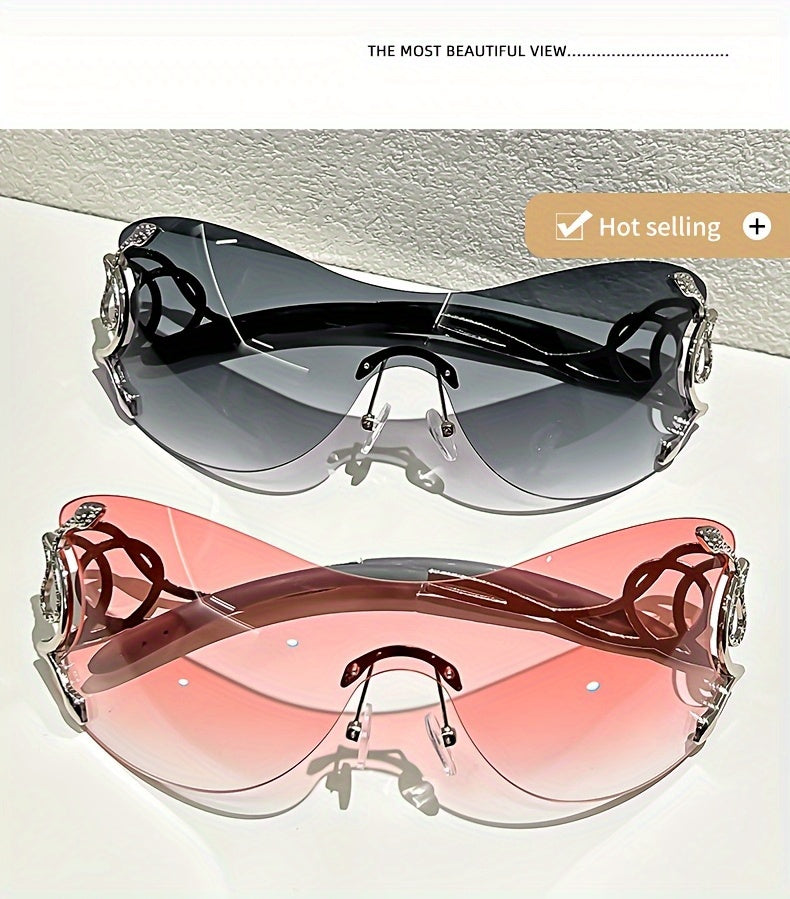 Y2K Style Frameless Glasses with Snake Design Hinges - Zinc Alloy, Clear PC Lenses, Futuristic Metallic Finish for Streetwear Fashion